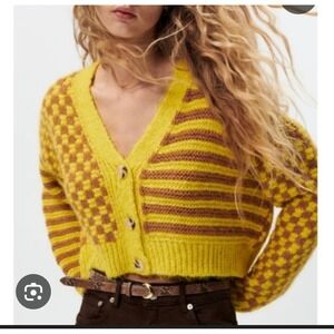 Jacquard Knit Crop Checkered‎ Brown Yellow Button up Wool Blend Women's M Hyfve
